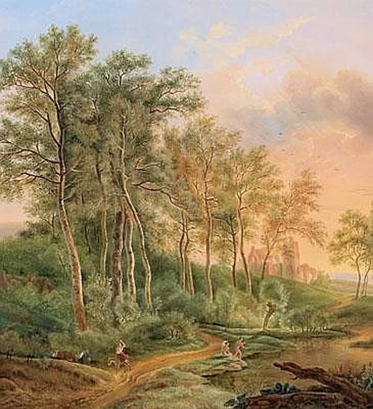 Balthasar Ommeganck - Romantico paesaggio boscoso con un rudere di montagna